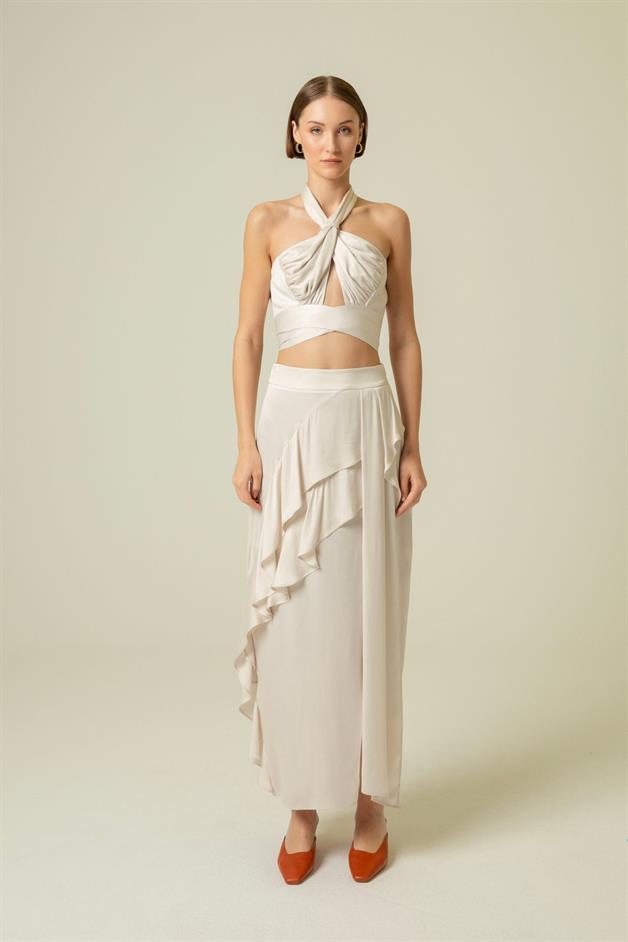 Ruffle Detail Slit Ecru Long Skirt