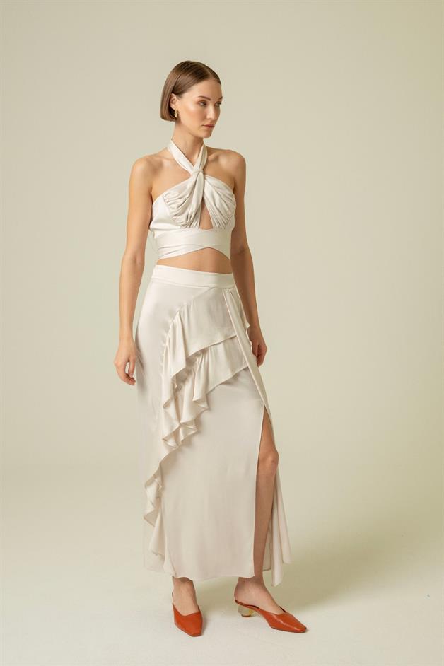 Ruffle Detail Slit Ecru Long Skirt