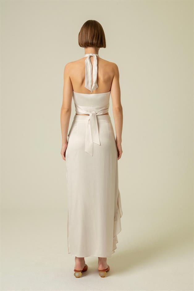 Ruffle Detail Slit Ecru Long Skirt