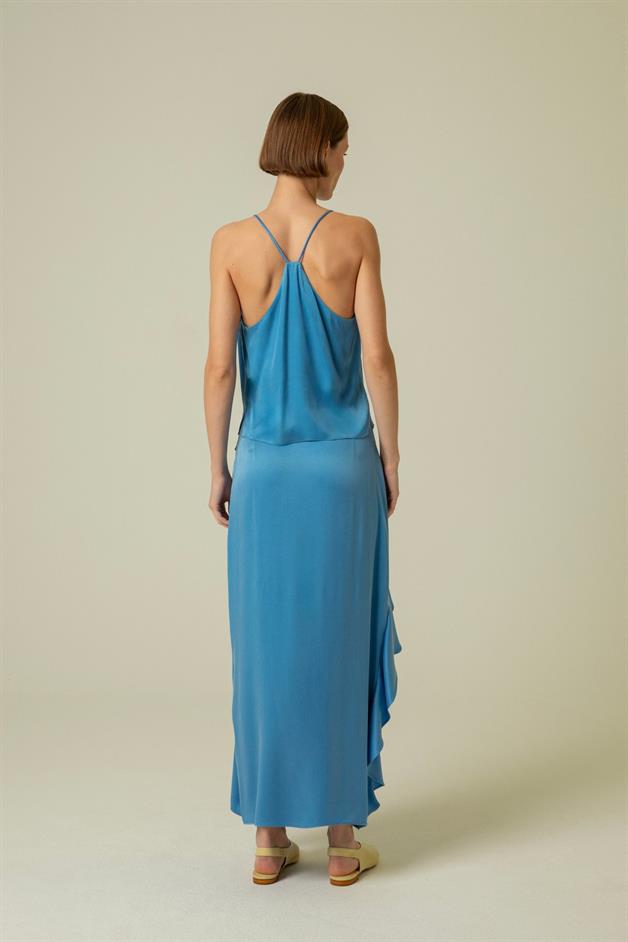 Ruffle Detail Slit Blue Long Skirt