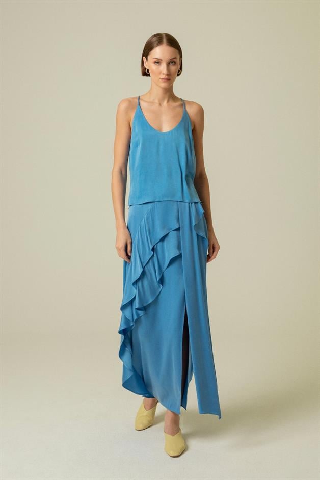 Ruffle Detail Slit Blue Long Skirt