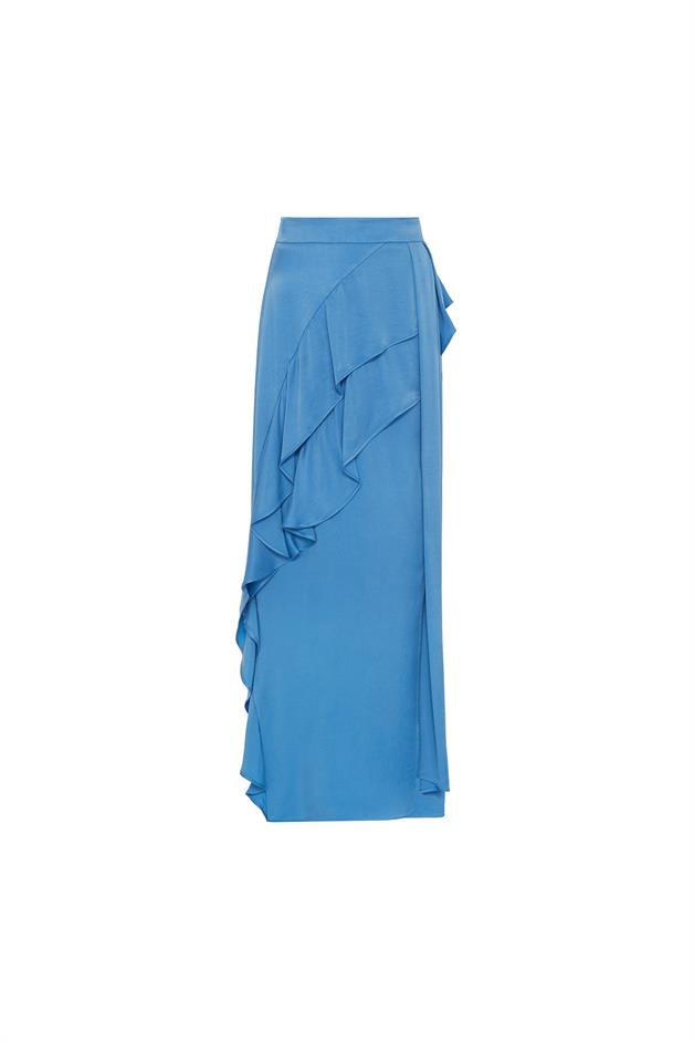 Ruffle Detail Slit Blue Long Skirt