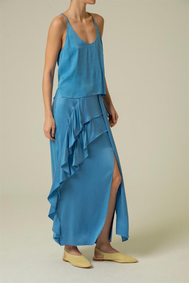 Ruffle Detail Slit Blue Long Skirt
