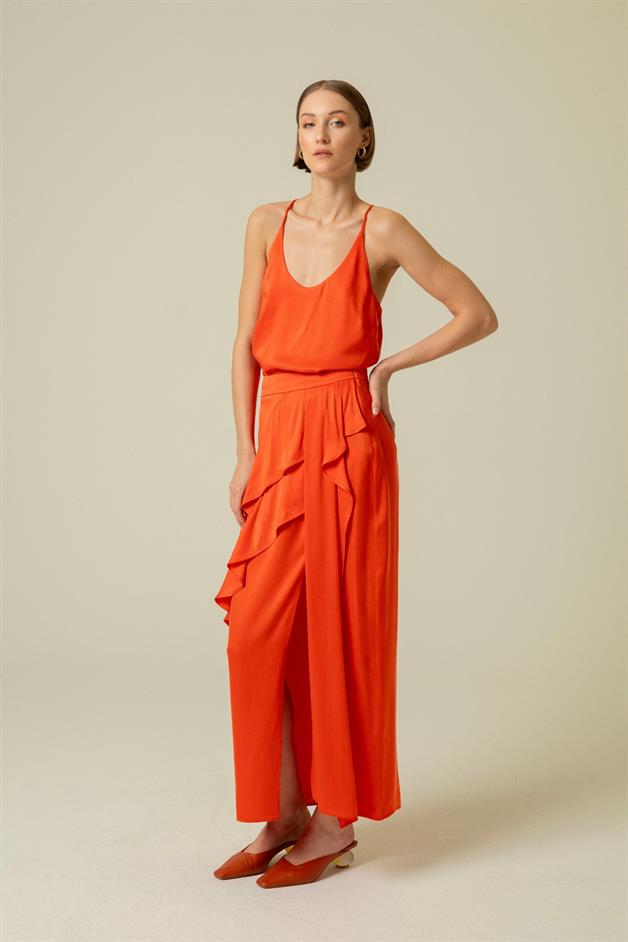 Ruffle Detail Slit Coral Long Skirt