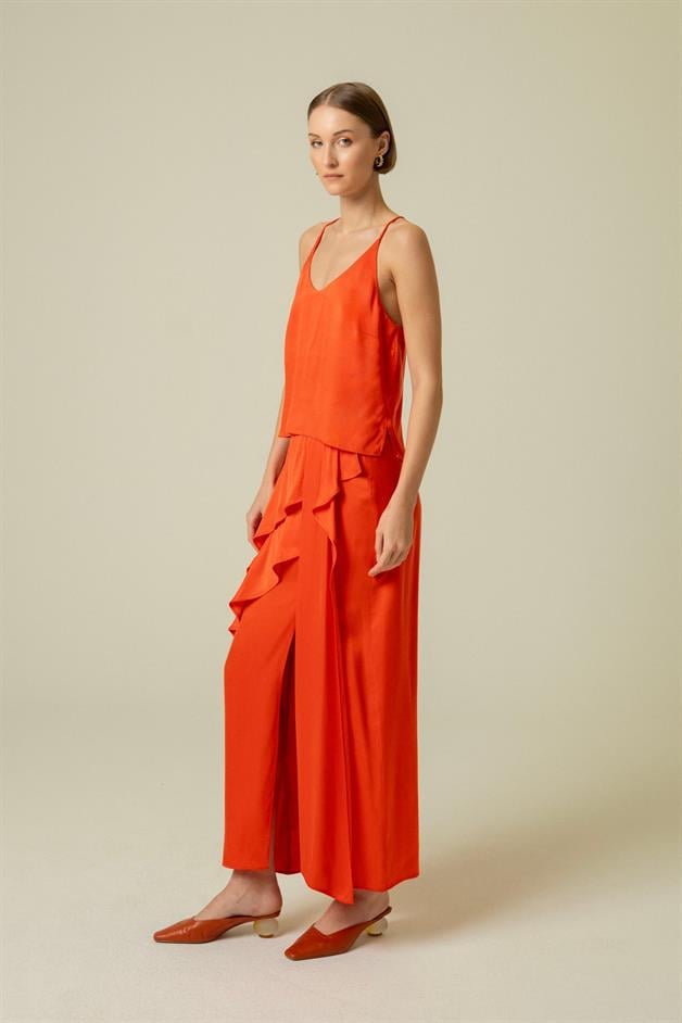 Ruffle Detail Slit Coral Long Skirt
