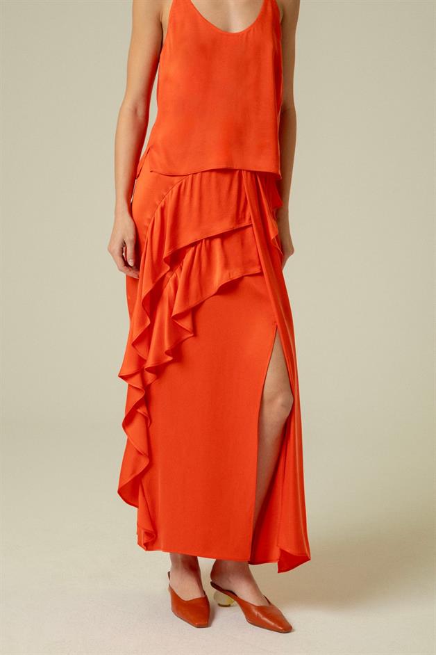 Ruffle Detail Slit Coral Long Skirt