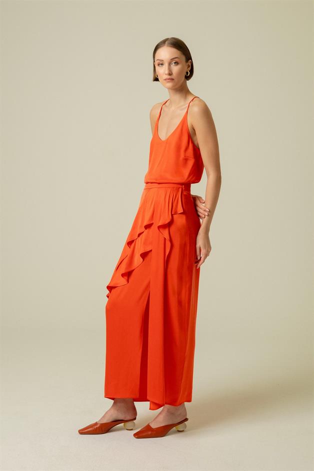 Ruffle Detail Slit Coral Long Skirt