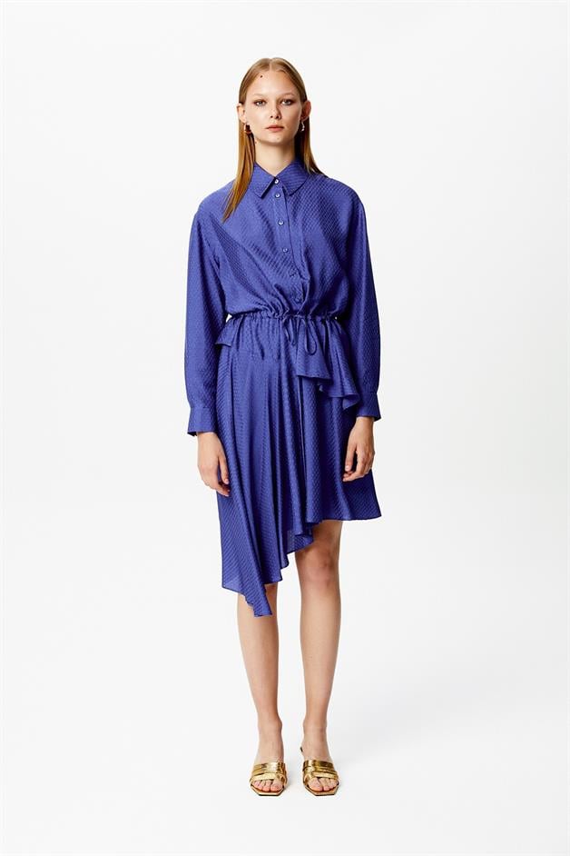 Volanlı Asimetrik Lacivert Elbise