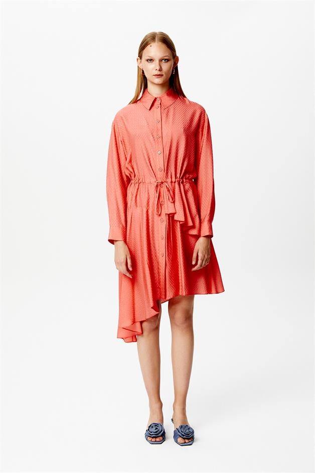 Volanlı Asimetrik Mercan Elbise