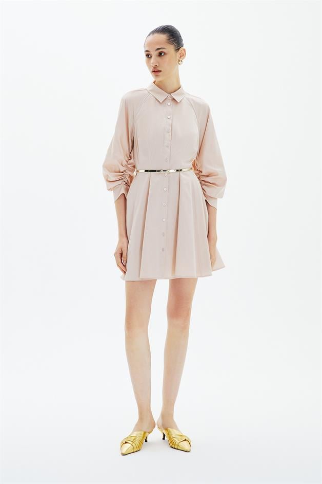 Ruffled Mini Shirt Beige Dress