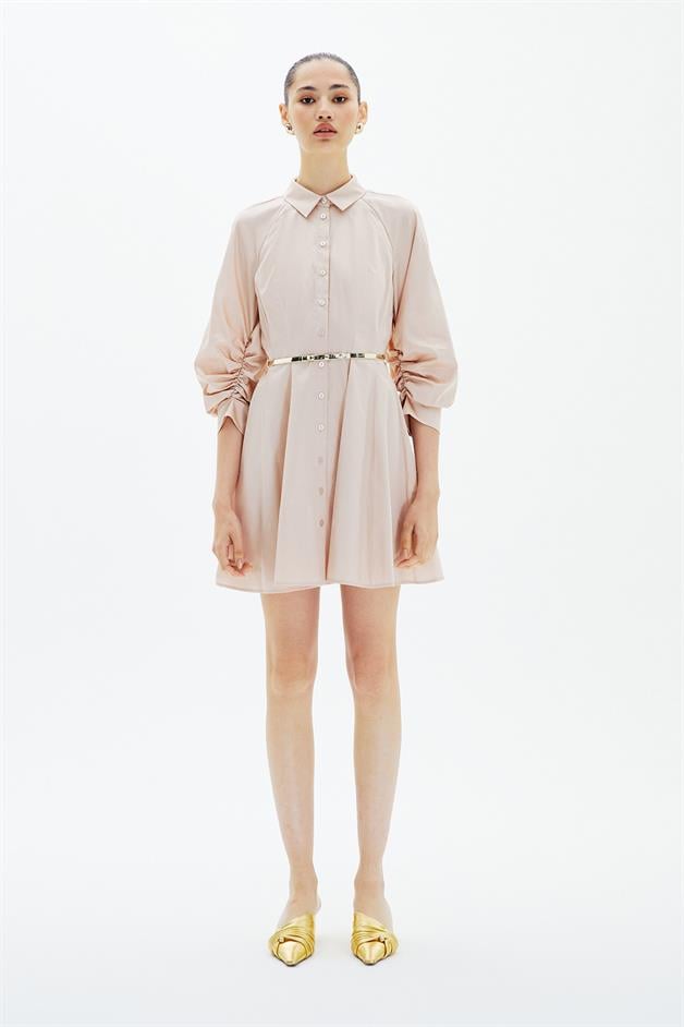 Ruffled Mini Shirt Beige Dress