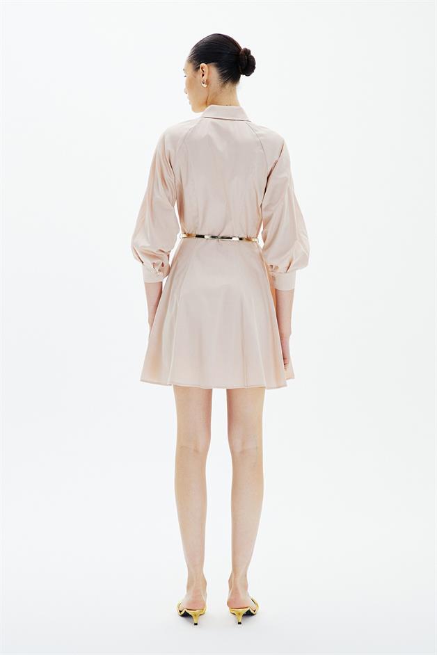 Ruffled Mini Shirt Beige Dress
