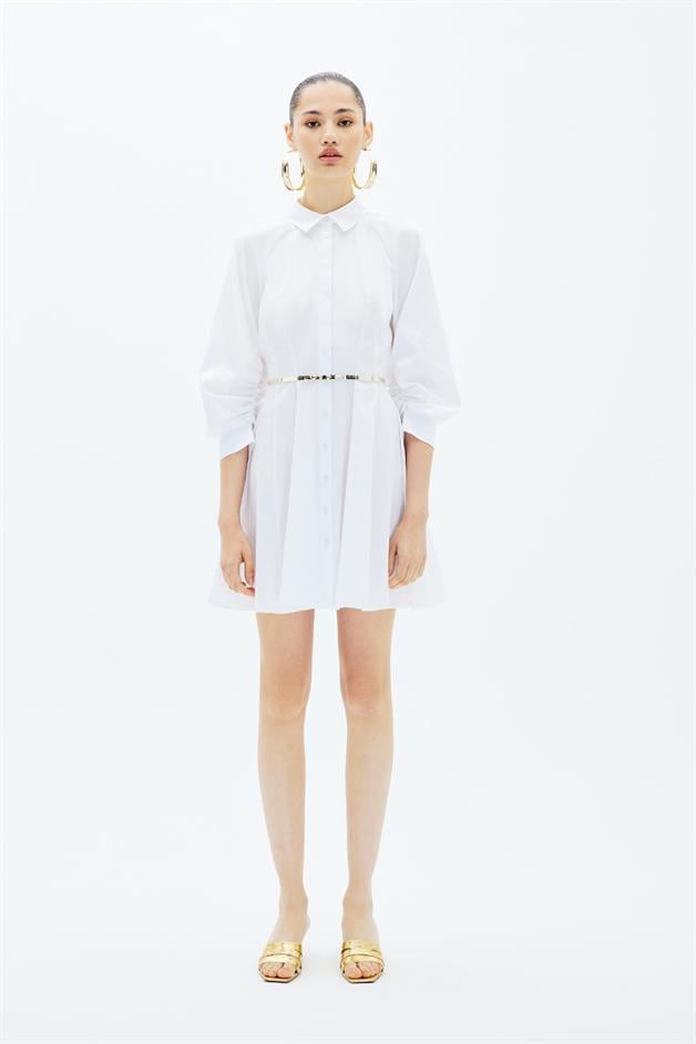 Ruffled Mini Shirt White Dress