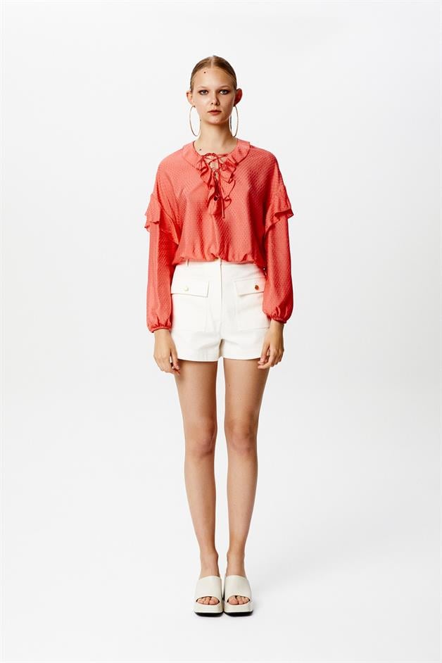 Ruffled Coral Semi-Sheer Blouse
