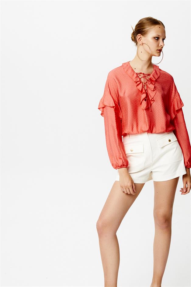 Ruffled Coral Semi-Sheer Blouse