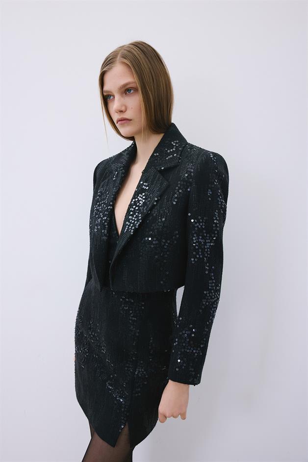 Black Cropped Sequin Jacket