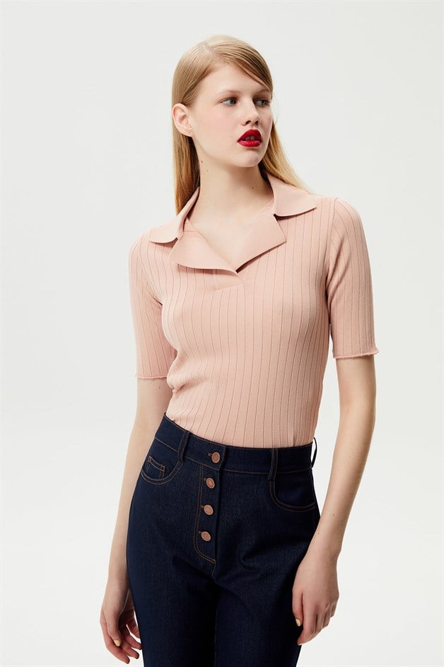Yakalı Pudra Triko Bluz