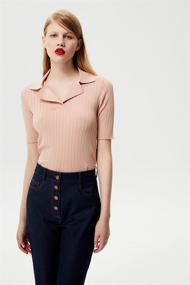 Yakalı Pudra Triko Bluz