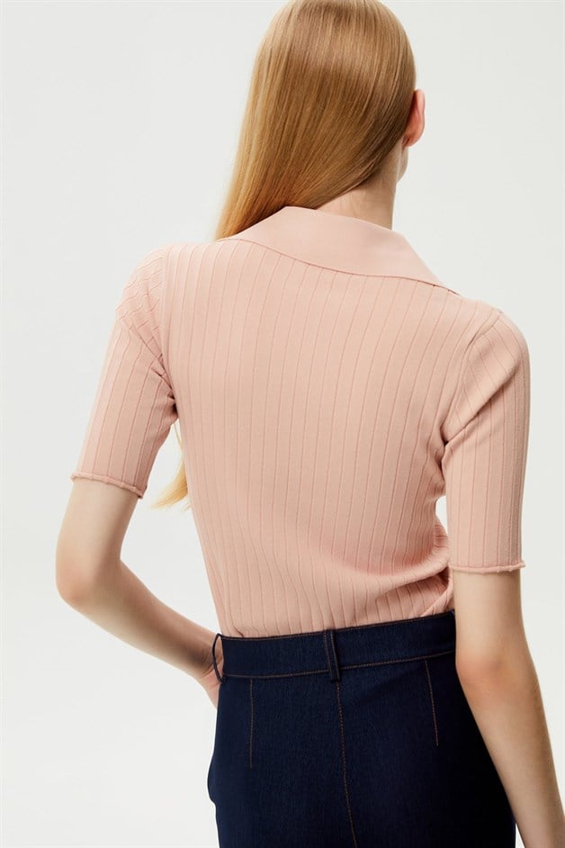 Yakalı Pudra Triko Bluz