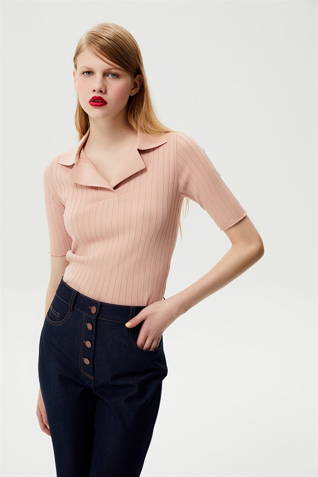Yakalı Pudra Triko Bluz