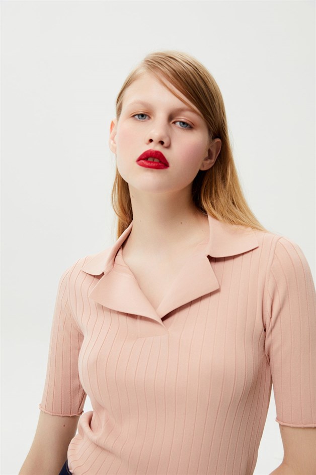 Yakalı Pudra Triko Bluz