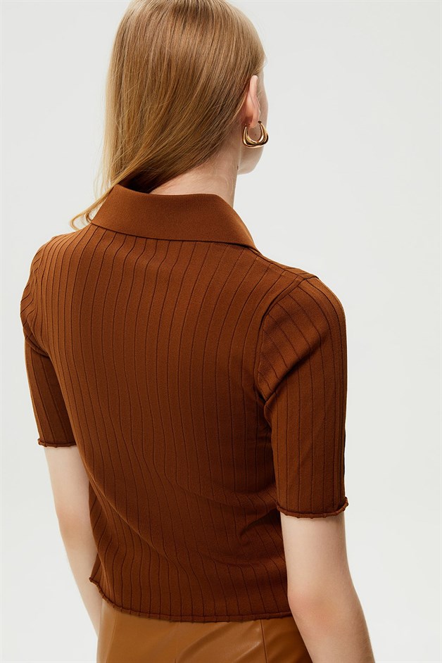 Yakalı Taba Triko Bluz