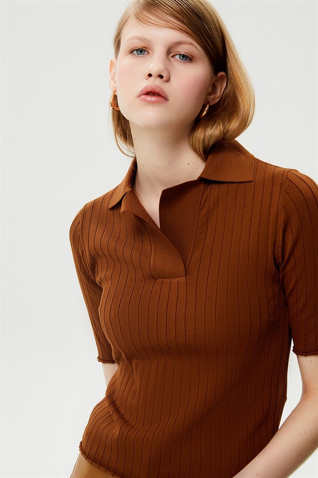 Yakalı Taba Triko Bluz