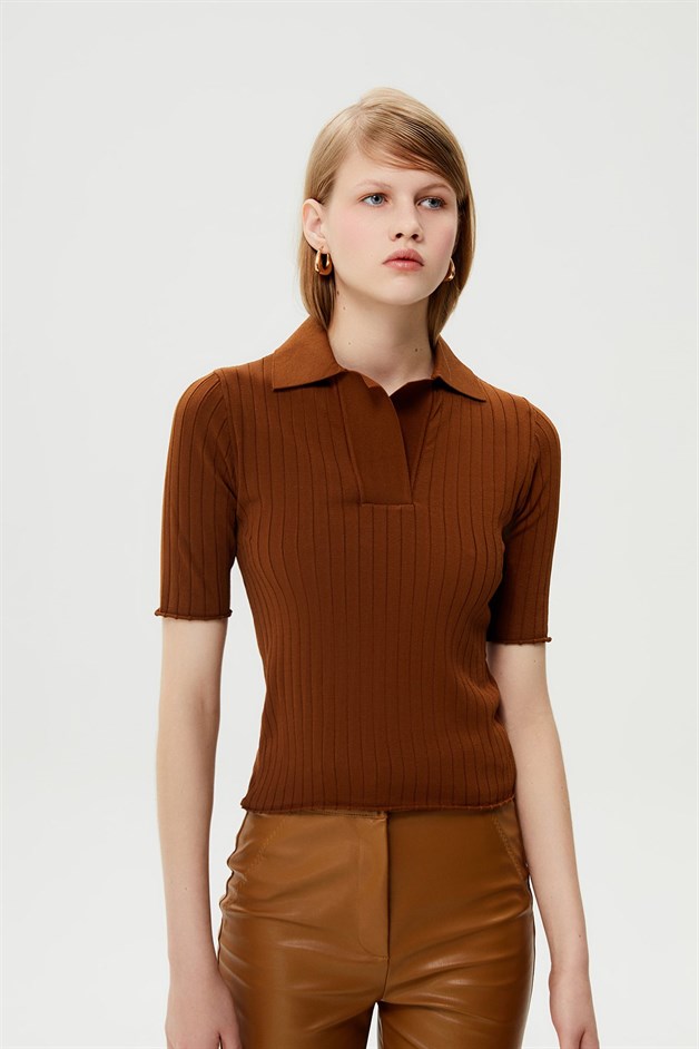 Yakalı Taba Triko Bluz