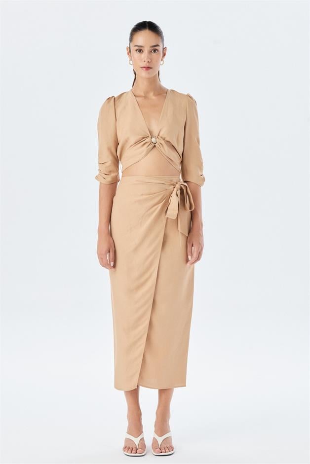 Side Tie Camel Skirt