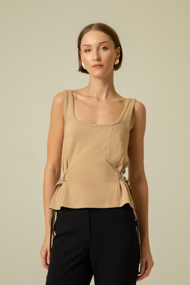 Side Buckle Strapped Camel Top