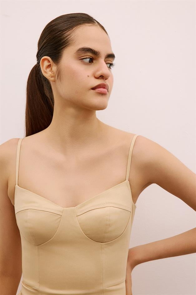 Slit Detail Strappy Beige Midi Dress