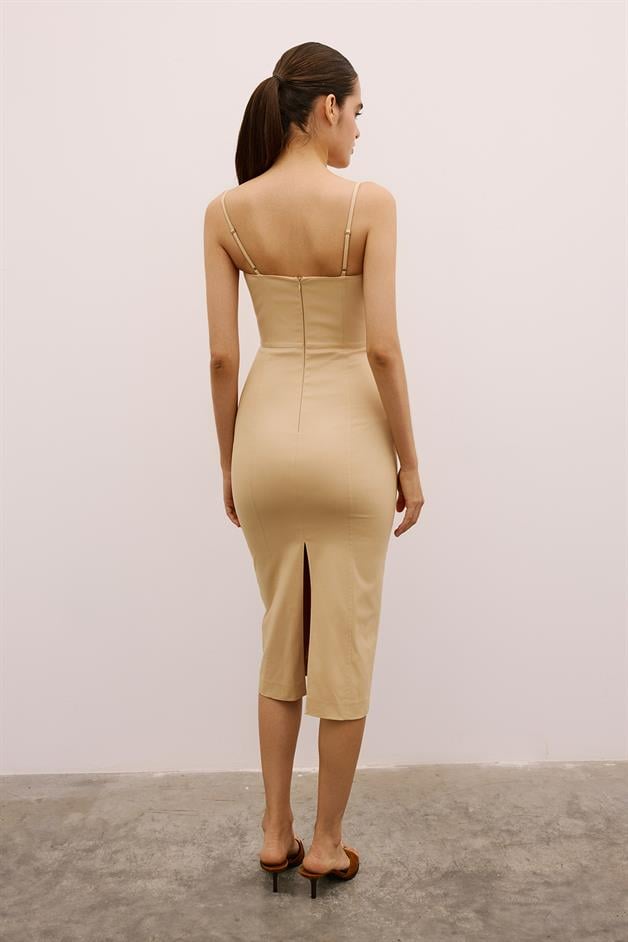 Slit Detail Strappy Beige Midi Dress