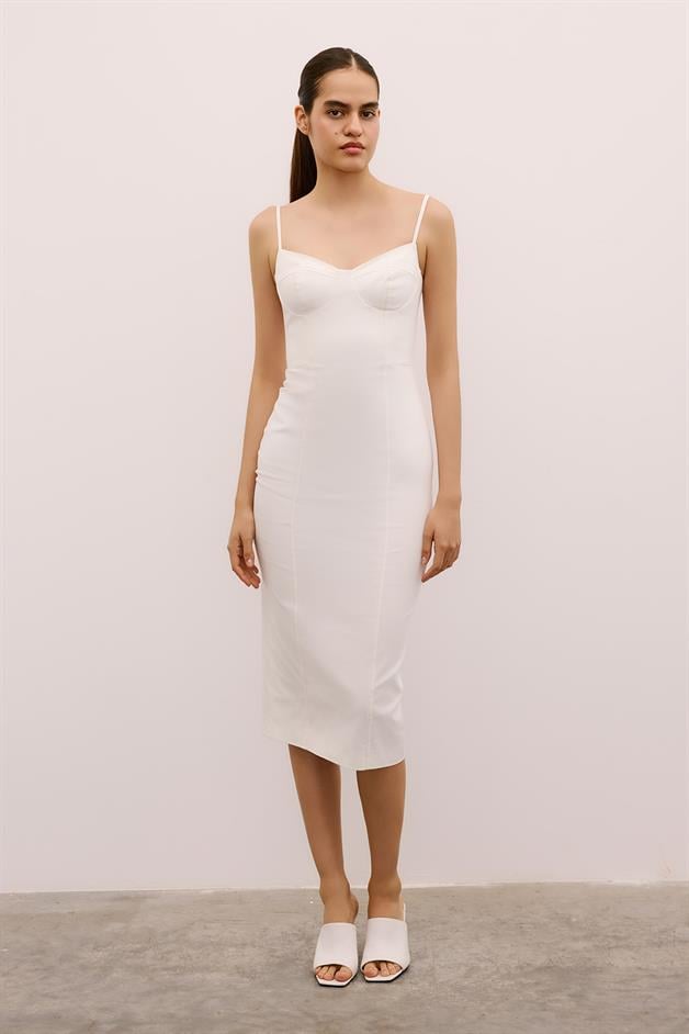 Slit Detail Strappy Ecru Midi Dress