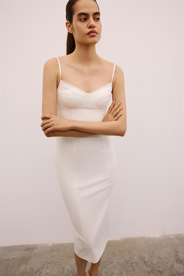 Slit Detail Strappy Ecru Midi Dress