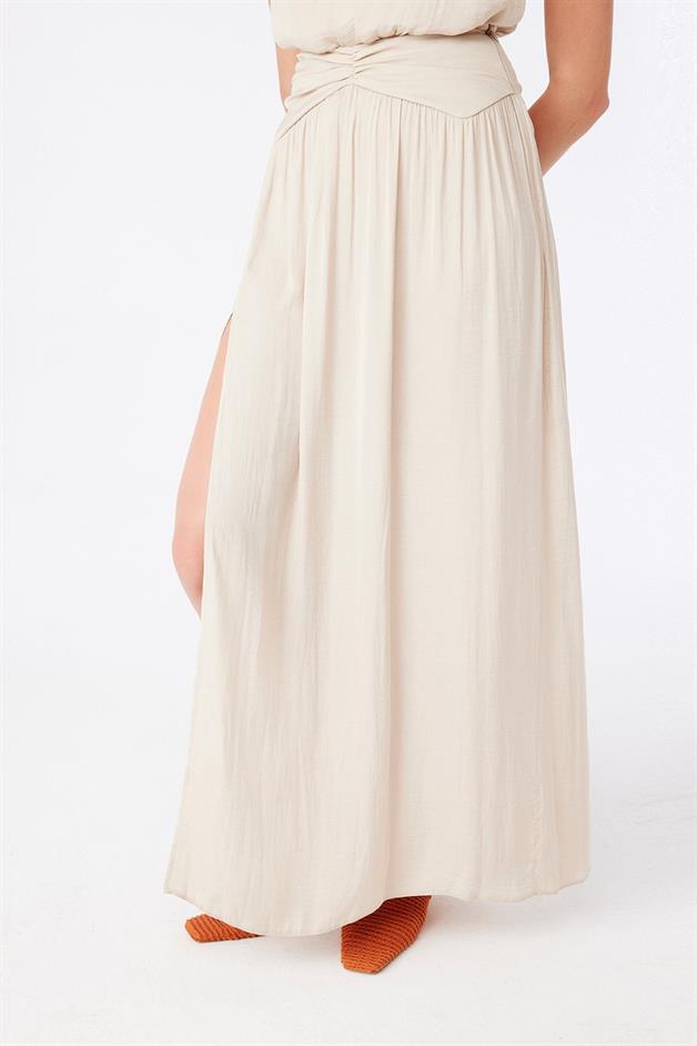 Slit Detailed Beige Long Skirt