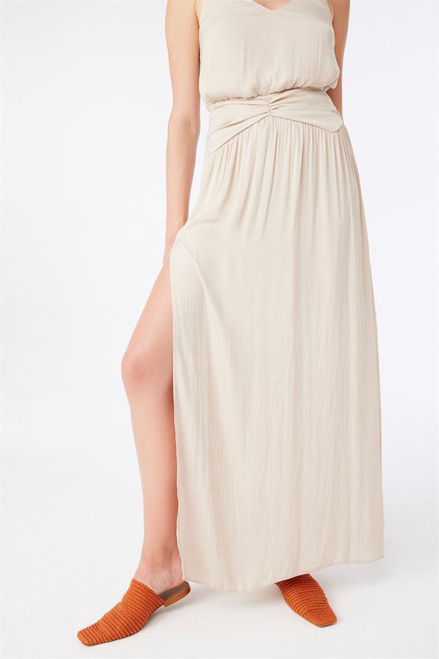 Slit Detailed Beige Long Skirt