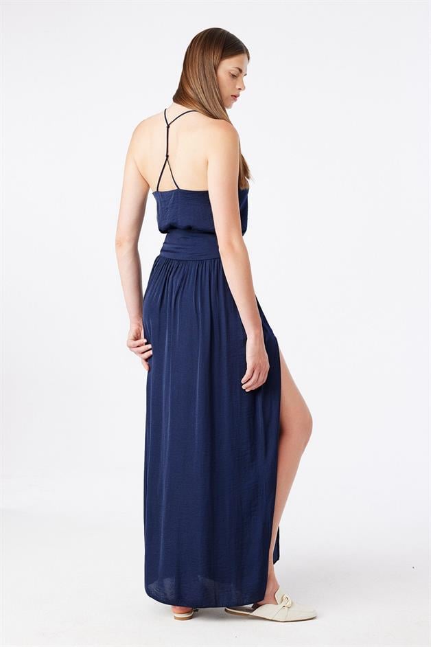 Slit Detailed Navy Long Skirt