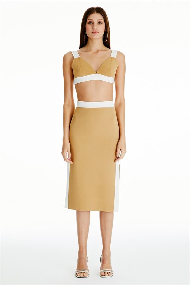 Yırtmaçlı Camel Triko Etek