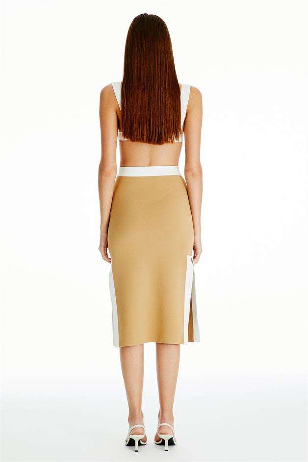 Yırtmaçlı Camel Triko Etek