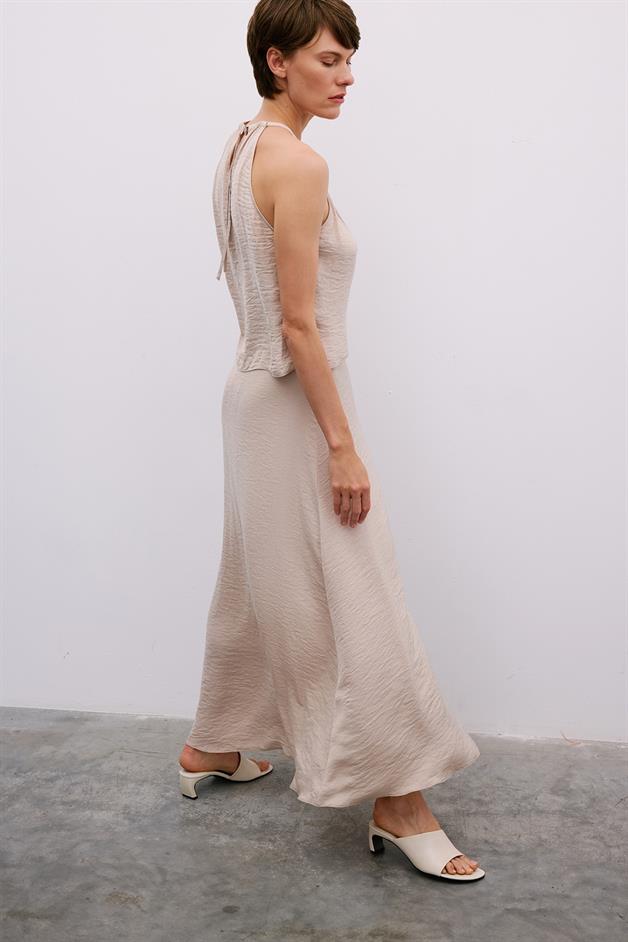 Slit Elastic Waist Long Beige Skirt