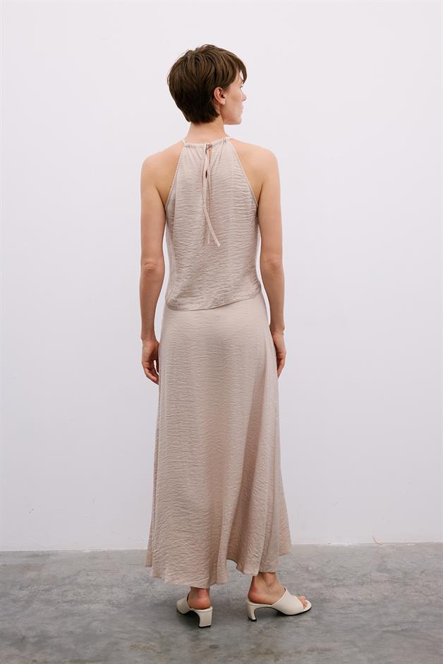 Slit Elastic Waist Long Beige Skirt