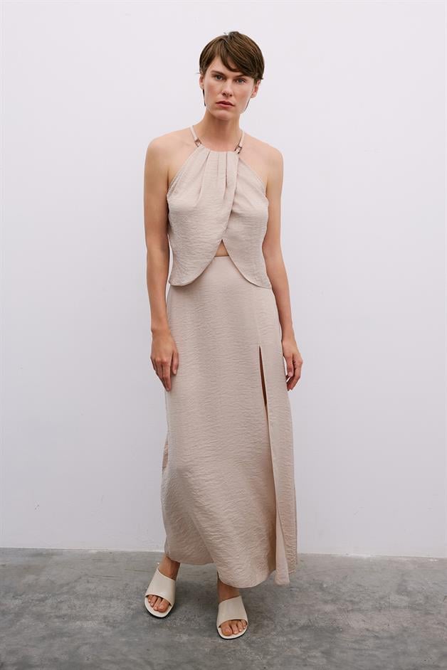 Slit Elastic Waist Long Beige Skirt