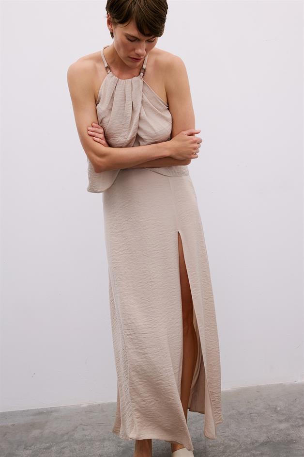 Slit Elastic Waist Long Beige Skirt