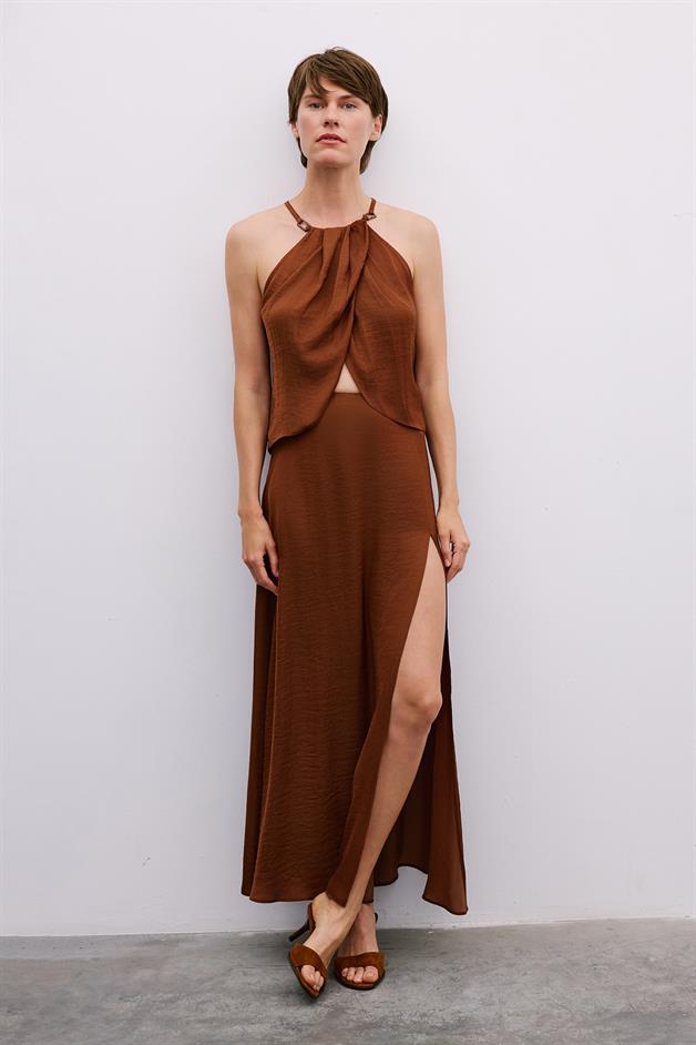 Slit Elastic Waist Long Brown Skirt