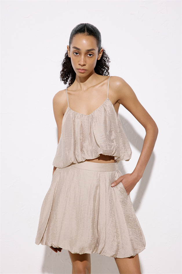 High Waist Balloon Cut Mini Beige Skirt