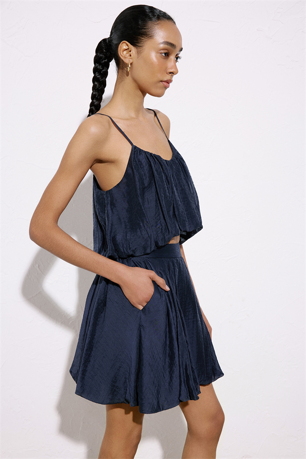 High Waist Balloon Cut Mini Navy Blue Skirt
