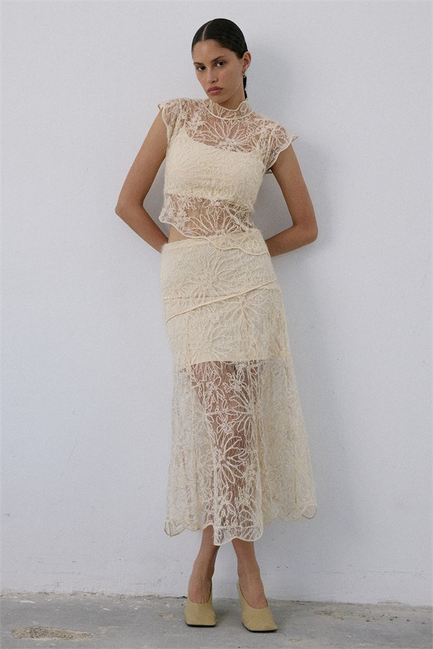 High Waist Lace Midi Ecru Skirt
