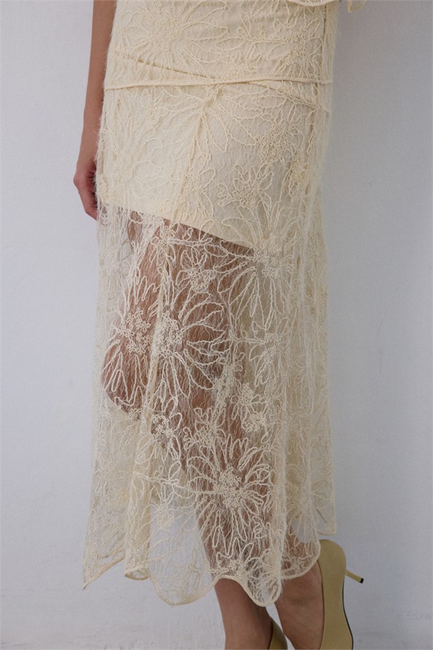 High Waist Lace Midi Ecru Skirt