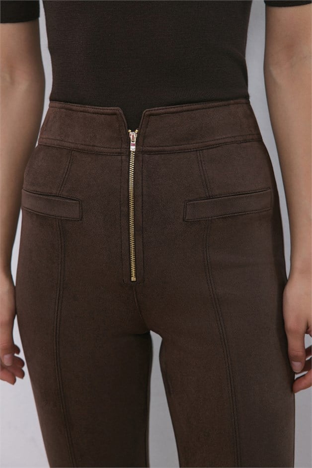 Yüksek Bel Dar Paça Süet Kahve Pantolon