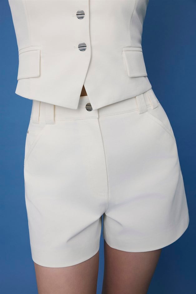 High Waist Denim Textured Ecru Mini Shorts